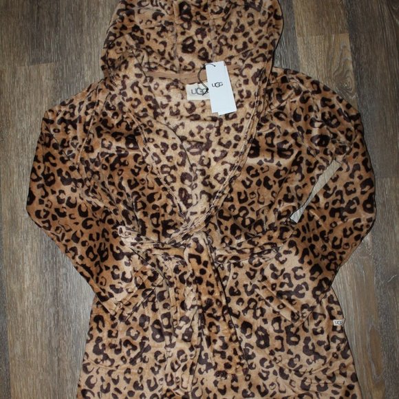 NWT UGG WOMEN'S‎ MIRANDA PLUSH HOODED BATH ROBE LEOPARD BLACK BROWN - Picture 2 of 8